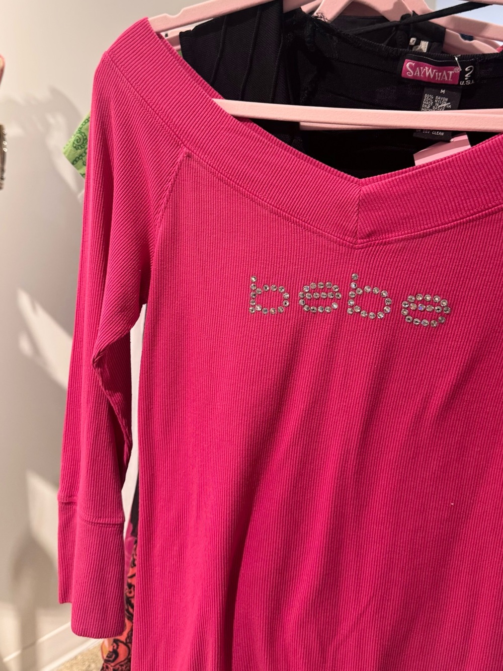 bebe Y2K Hot Pink Ribbed Off-Shoulder Top with Rhinestone Logo